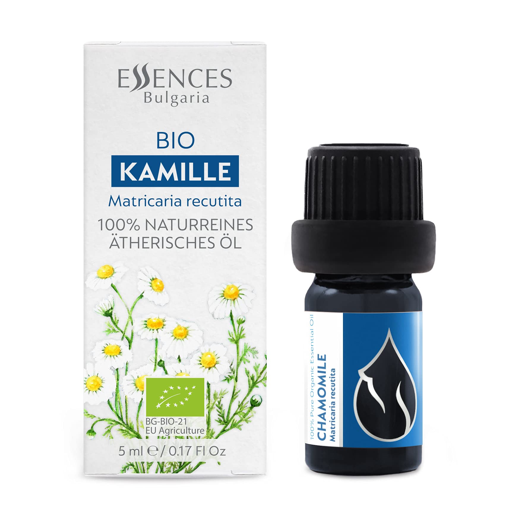 Matricaria recutita chamomile essential oil bottle on white