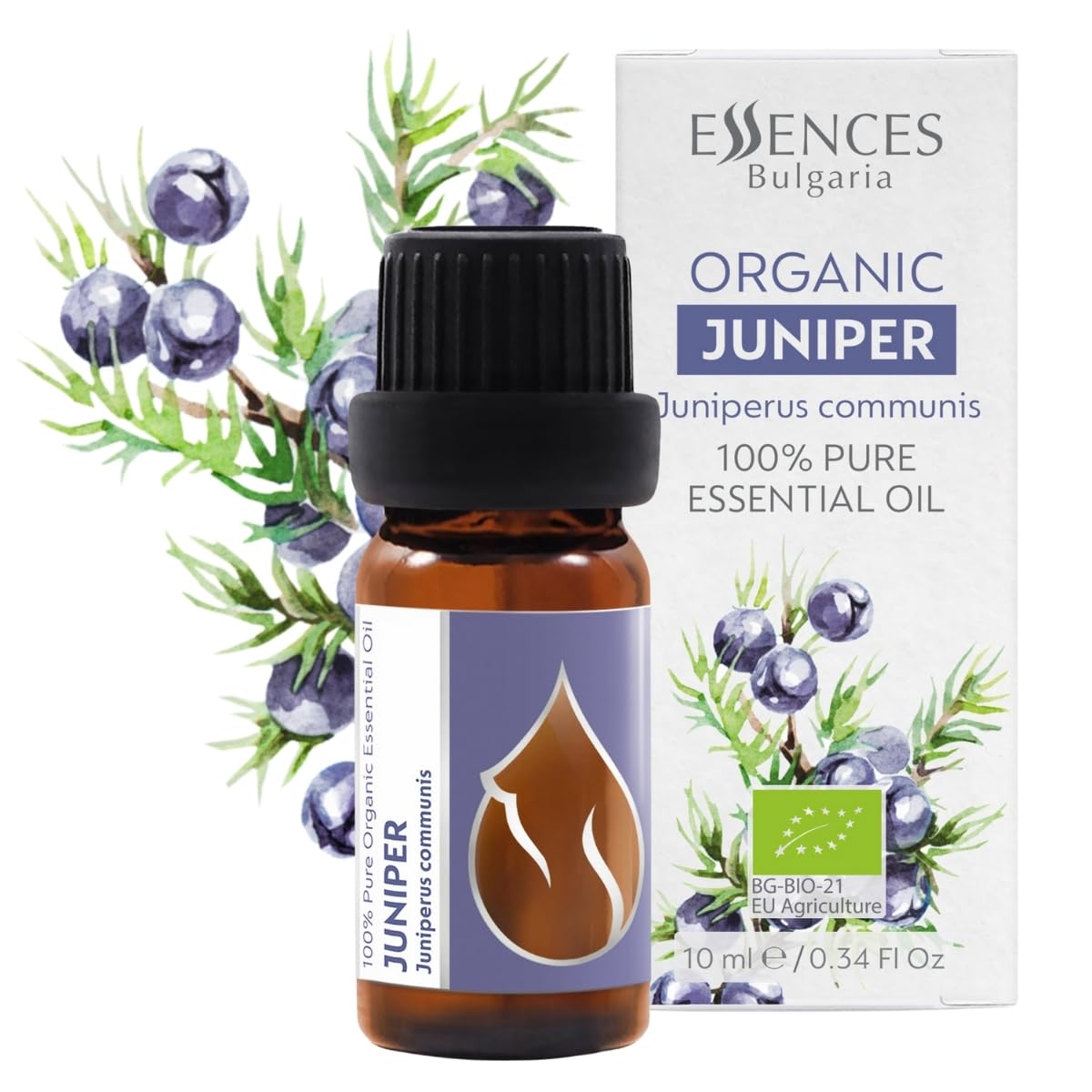 10ml bottle of organic juniper essential oil (Juniperus communis) from Essences Bulgaria.