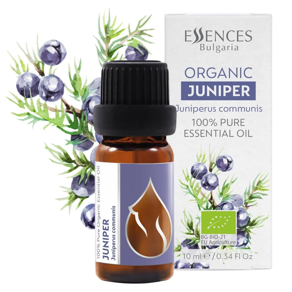 10ml bottle of organic juniper essential oil (Juniperus communis) from Essences Bulgaria.