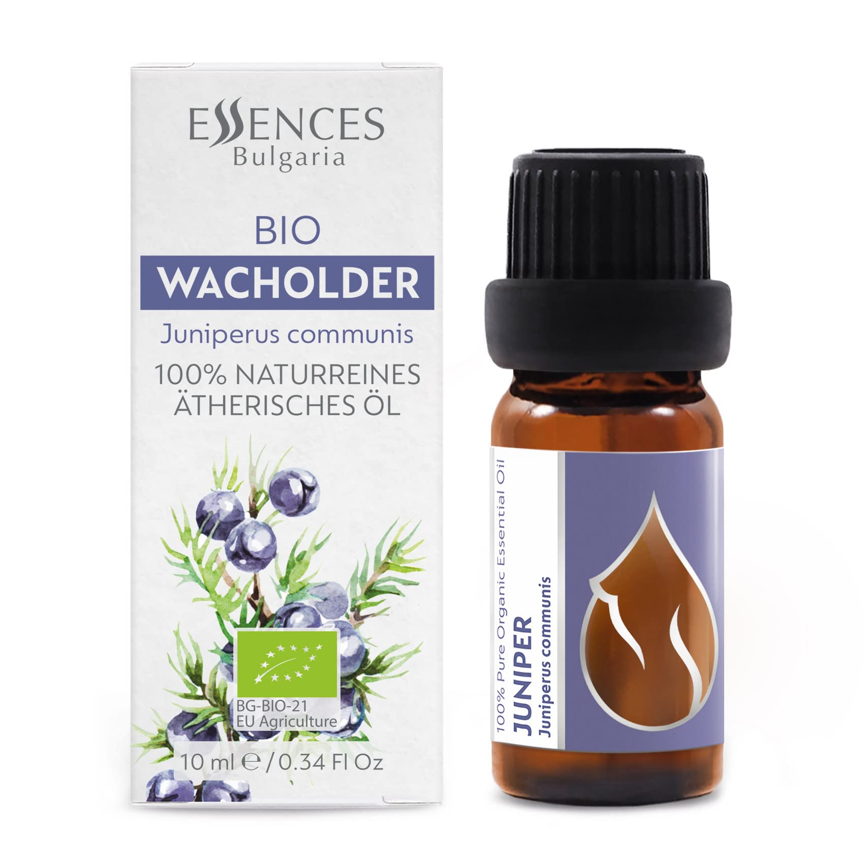 Close-up of the product label showing Bulgarian Juniper essential oil 10ml.