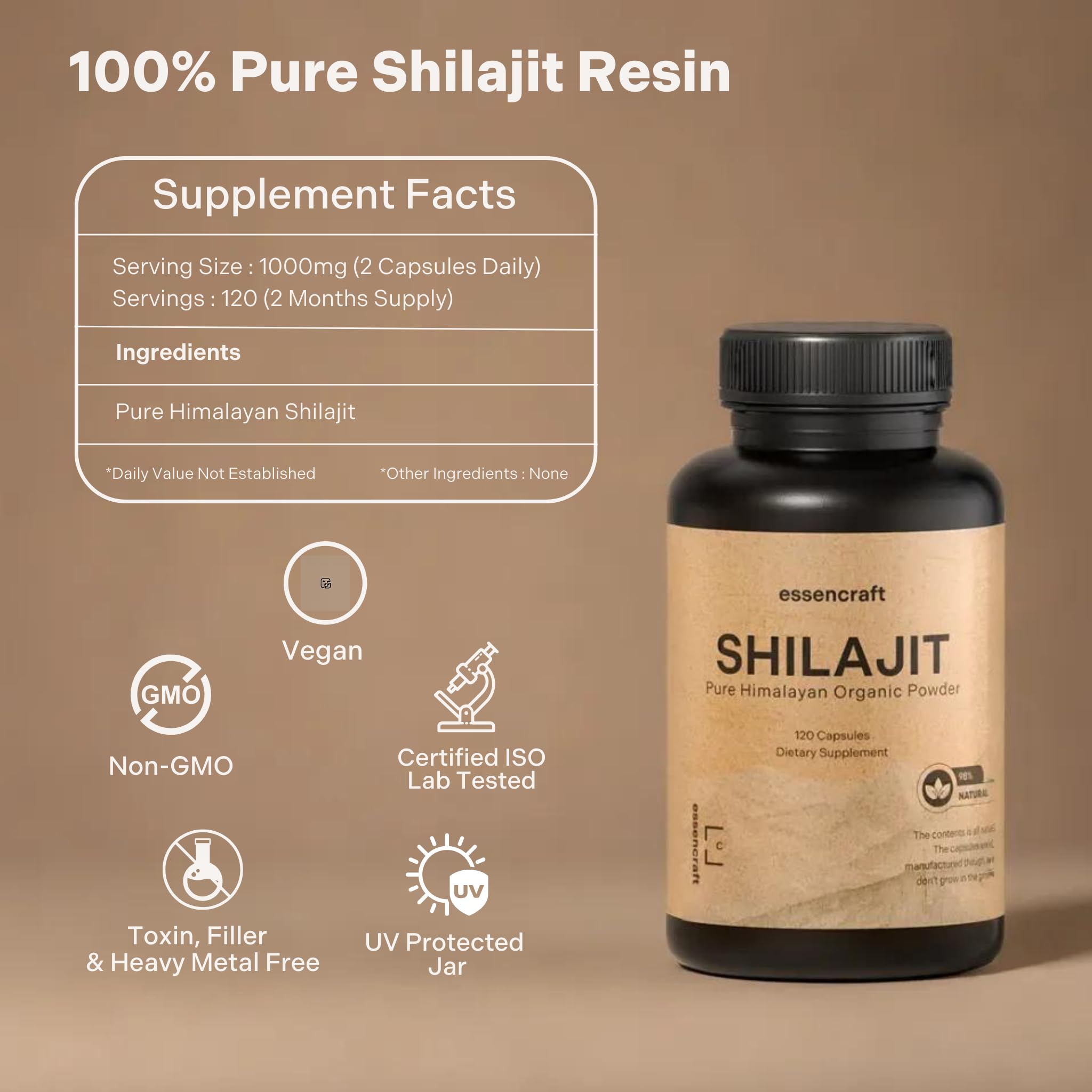 Essencraft Shilajit resin label detail emphasizing purity and mineral content.