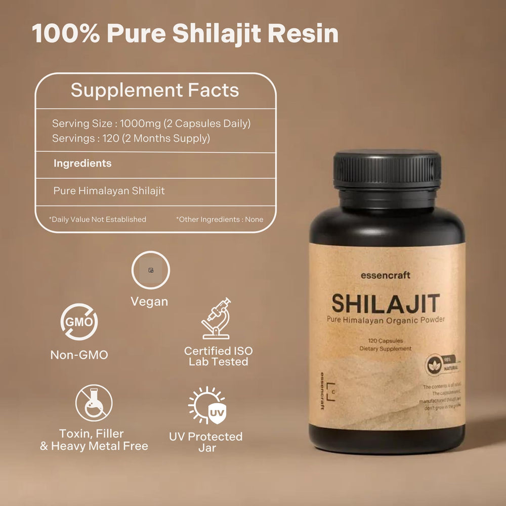 Essencraft Shilajit resin label detail emphasizing purity and mineral content.