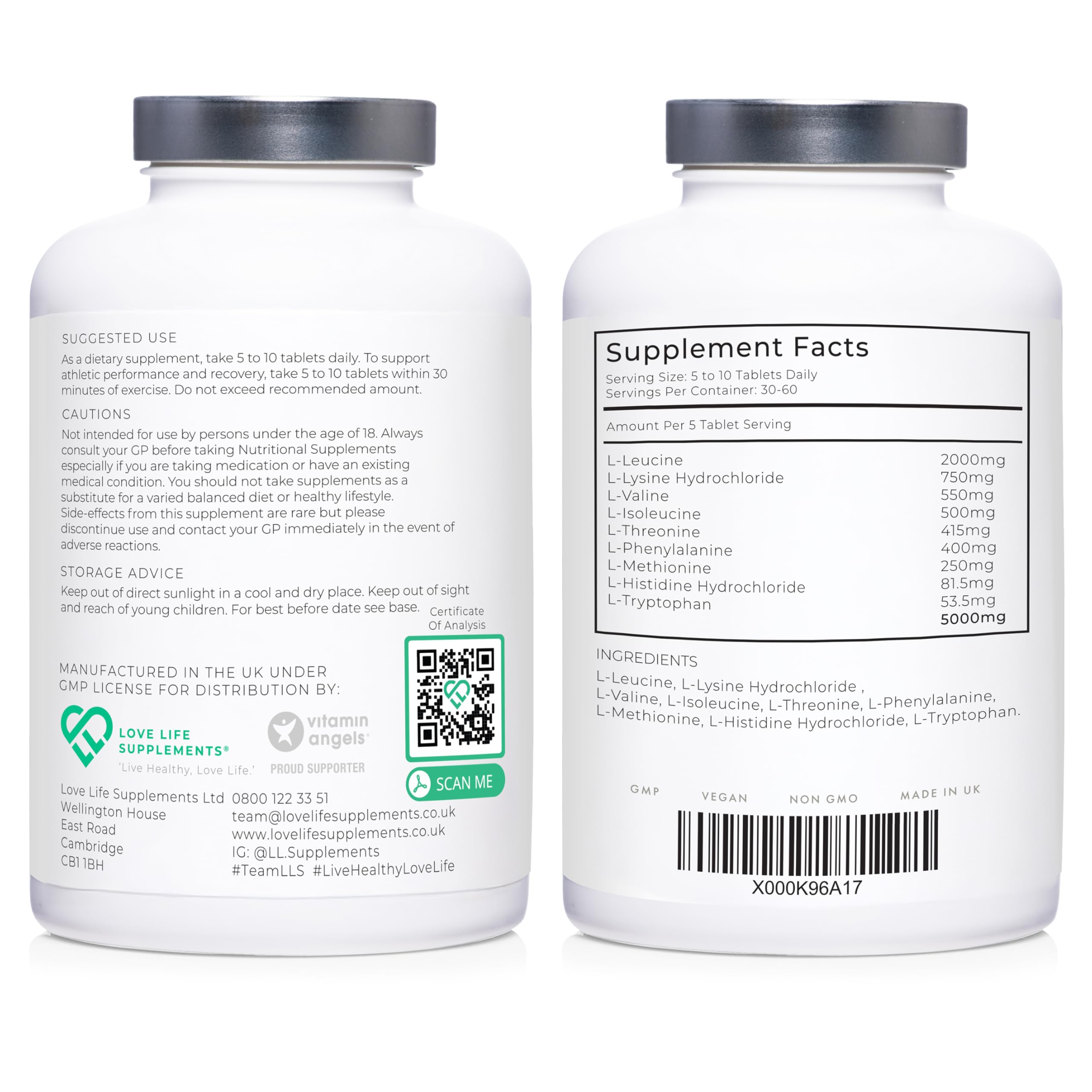 Label highlighting 9 EAAs and 3 BCAAs on Essential Amino Acids bottle