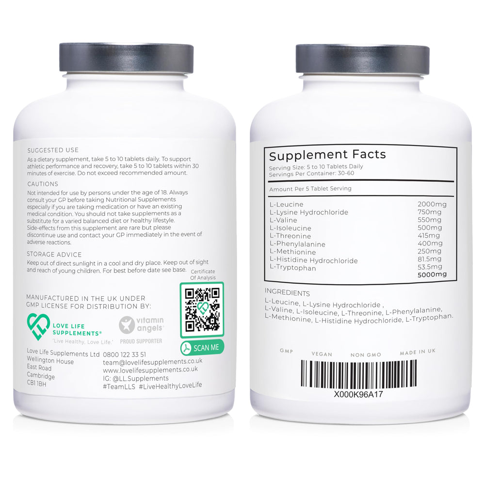 Label highlighting 9 EAAs and 3 BCAAs on Essential Amino Acids bottle