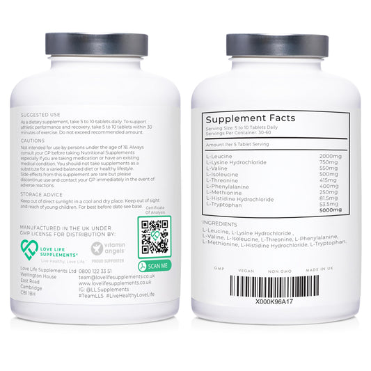 Label highlighting 9 EAAs and 3 BCAAs on Essential Amino Acids bottle