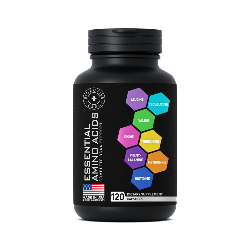Essential Amino Acids Complex bottle with pills ready to use