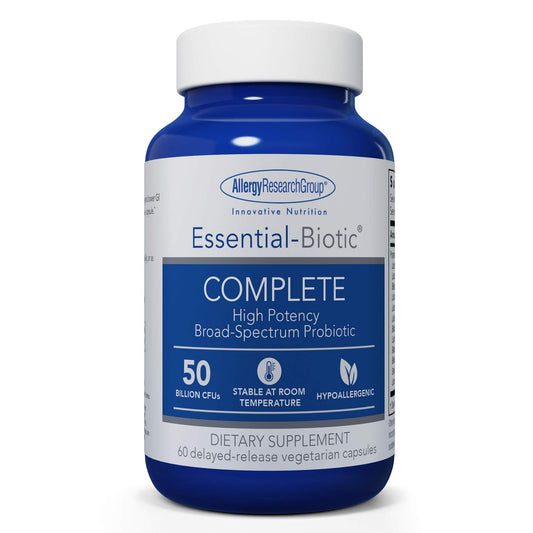 Bottle of Allergy Research Group Essential-Biotic Complete probiotic supplement, 60 count