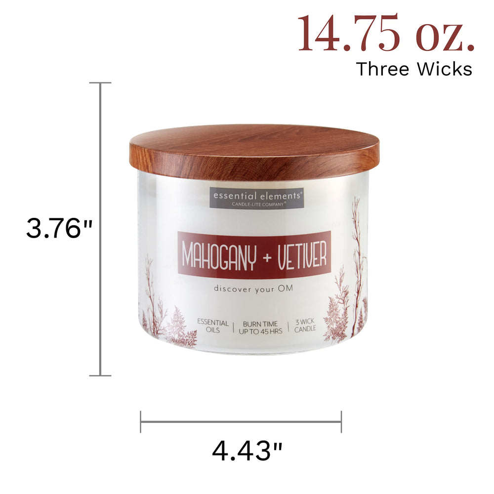 Essential Elements three-wick candle with cotton wicks for longer, cleaner burn.