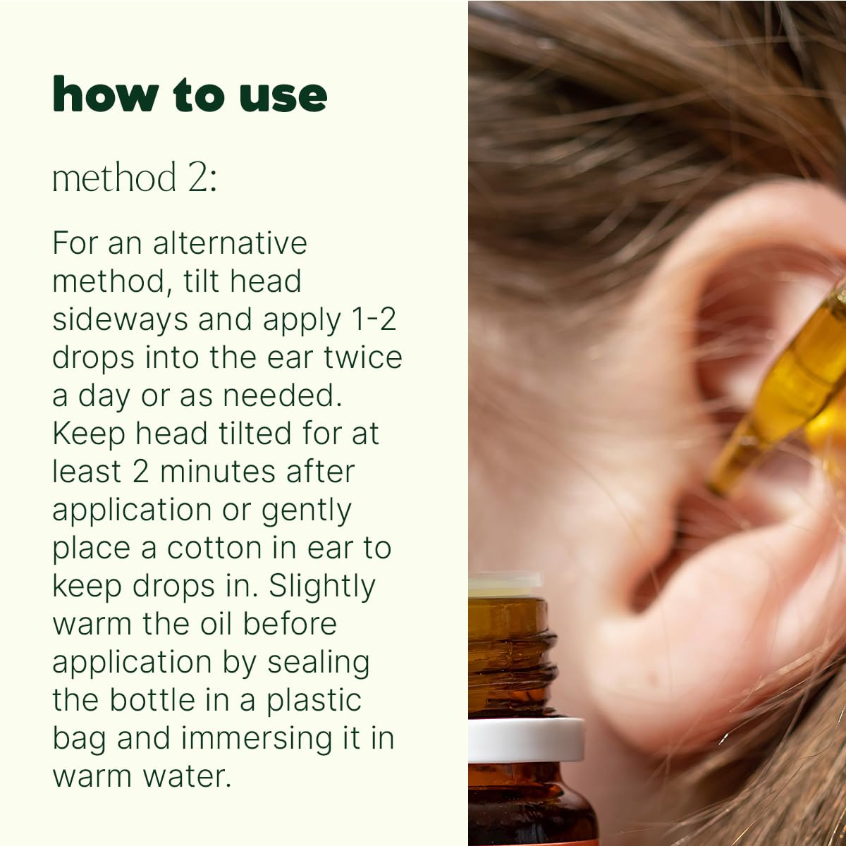 Ingredients of Ear Relief essential oil blend: lavender, rosalina, tea tree, palmarosa, roman chamomile, hemp seed carrier oil