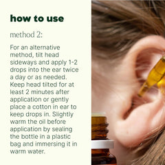 Ingredients of Ear Relief essential oil blend: lavender, rosalina, tea tree, palmarosa, roman chamomile, hemp seed carrier oil