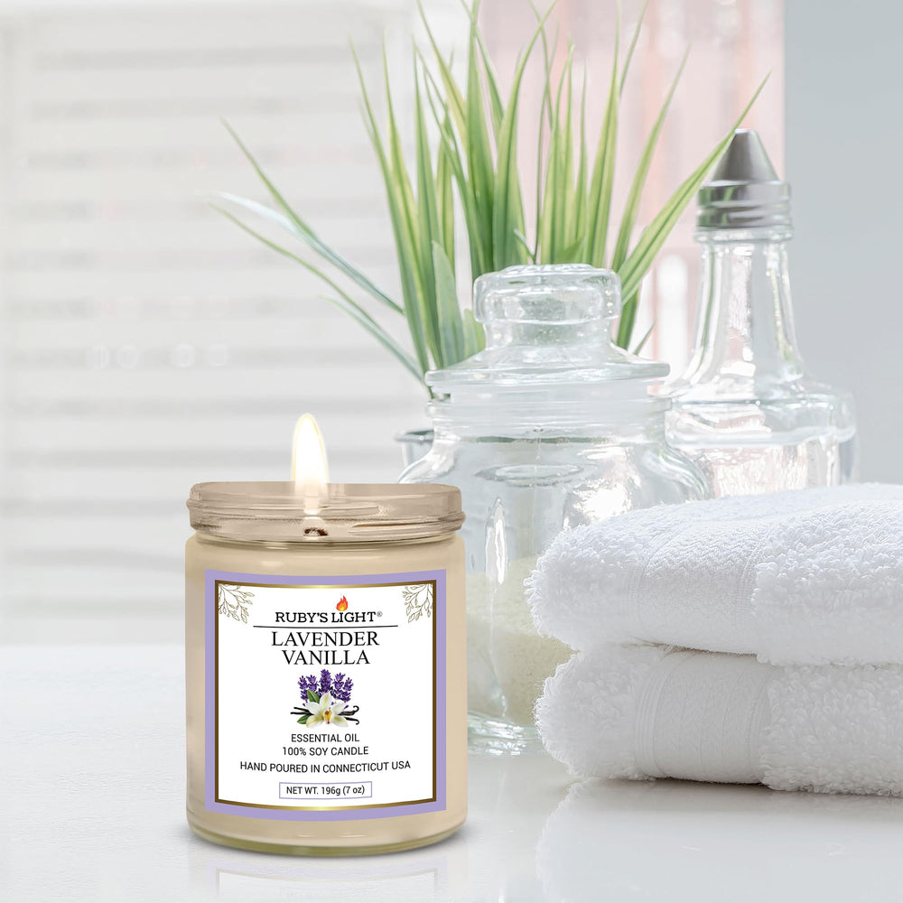 Essential Oil Candle room-scene lavender-vanilla creates cozy ambiance and sleep-friendly mood.