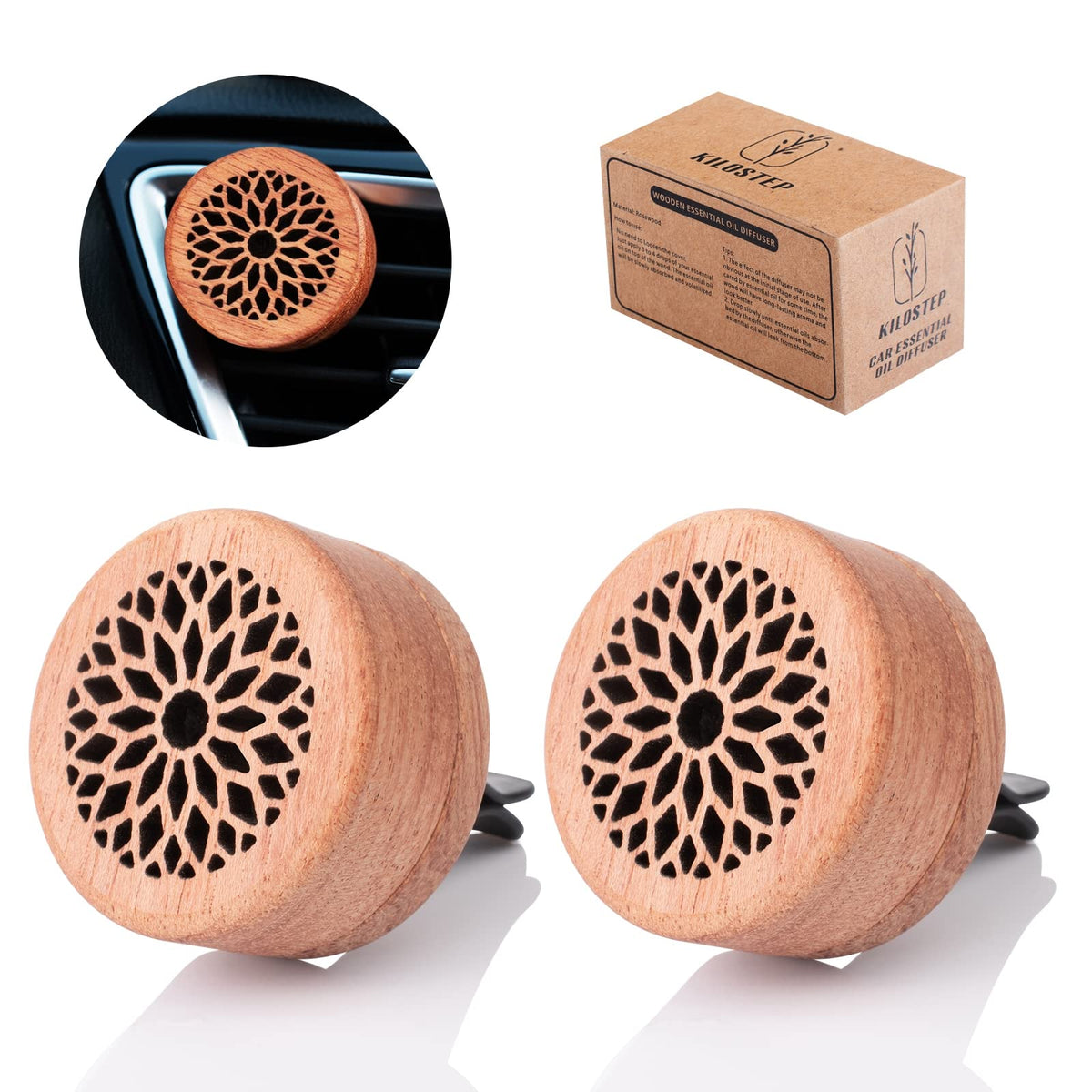 Two rosewood car diffusers with vent clip - 2-pack