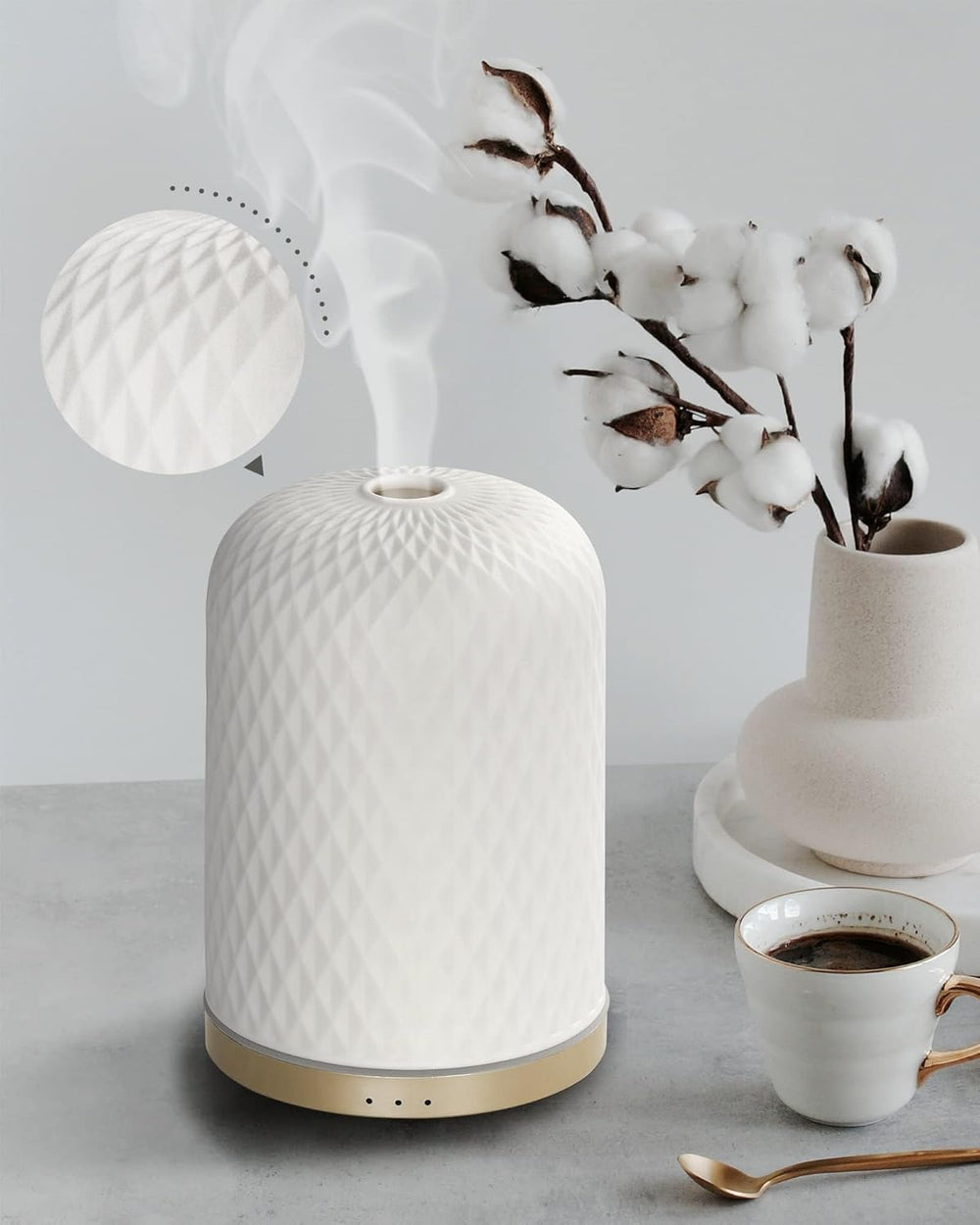 Essential Oil Diffuser 110ml in white ceramic with gold base