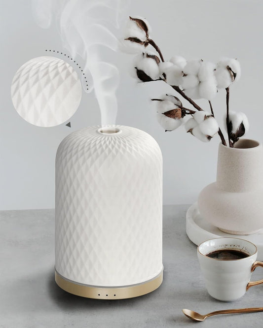 Essential Oil Diffuser 110ml in white ceramic with gold base