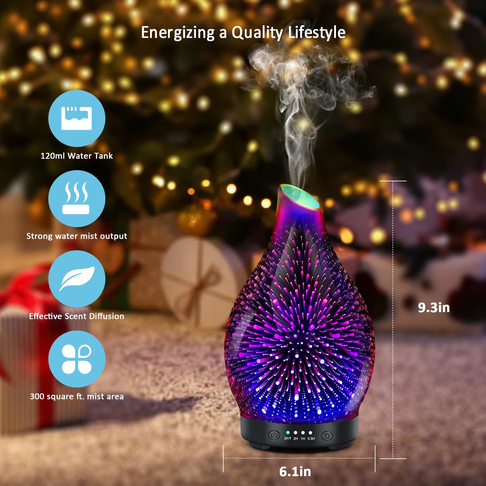 Diffuser showing colorful LED mood lighting