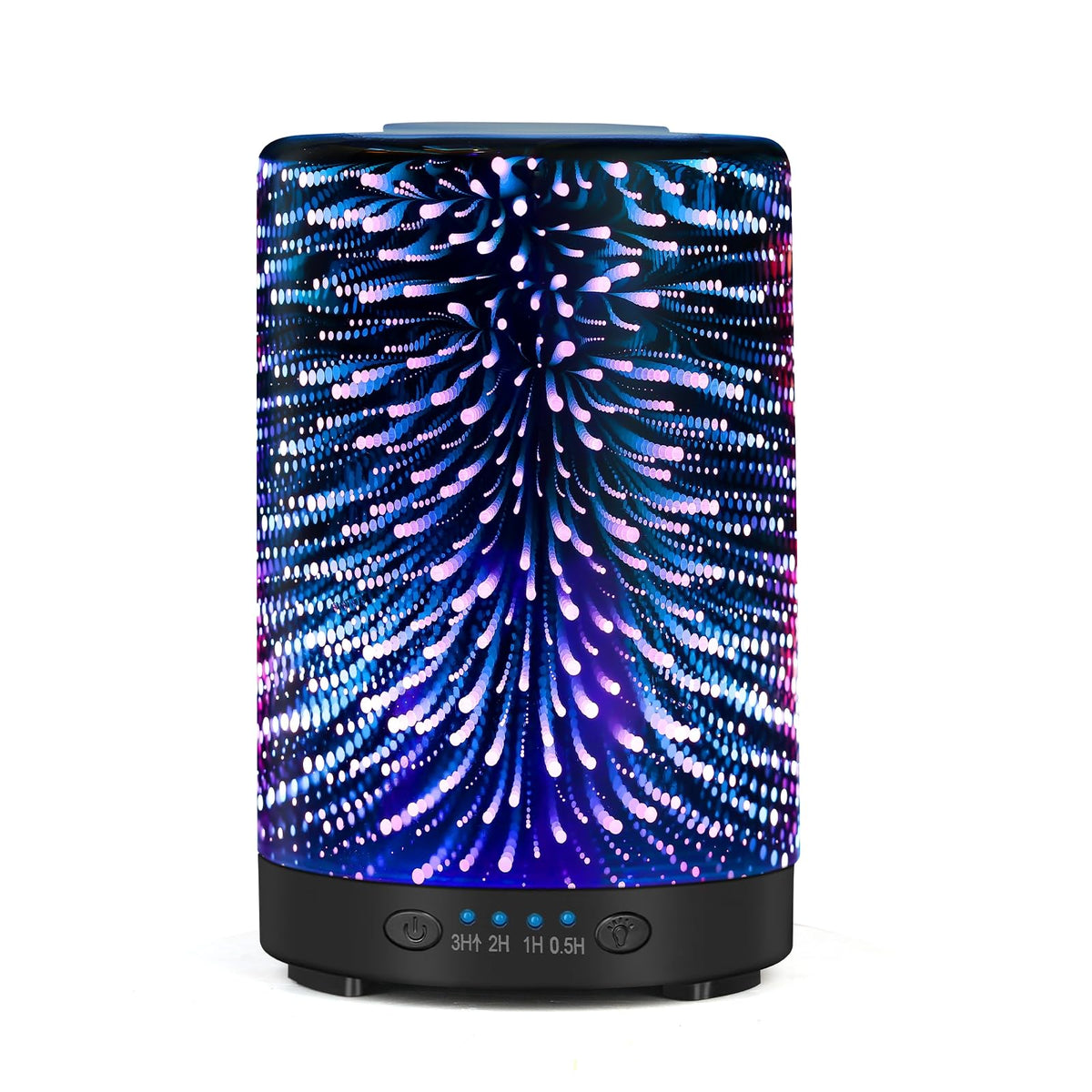 120ml glass essential oil diffuser with 3D fireworks pattern and ambient LED lighting