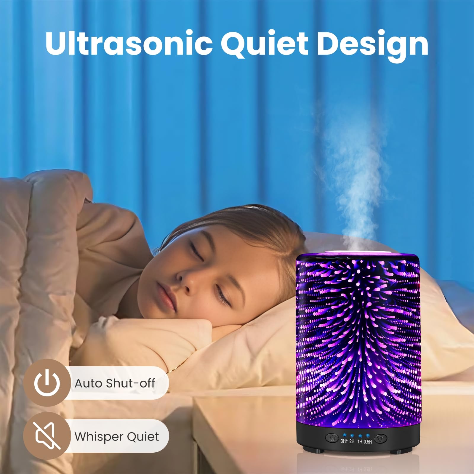 Whisper-quiet ultrasonic mist emanating from glass diffuser in a home setting