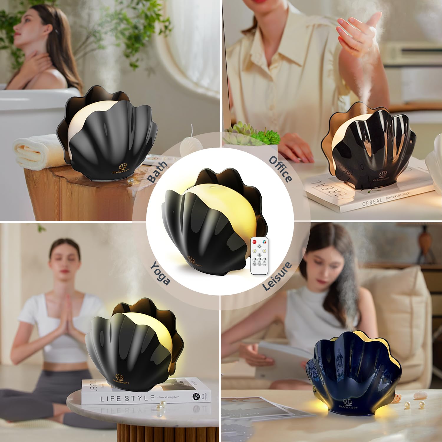 Black shell diffuser placed in a cozy bedroom scene