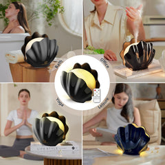 Black shell diffuser placed in a cozy bedroom scene