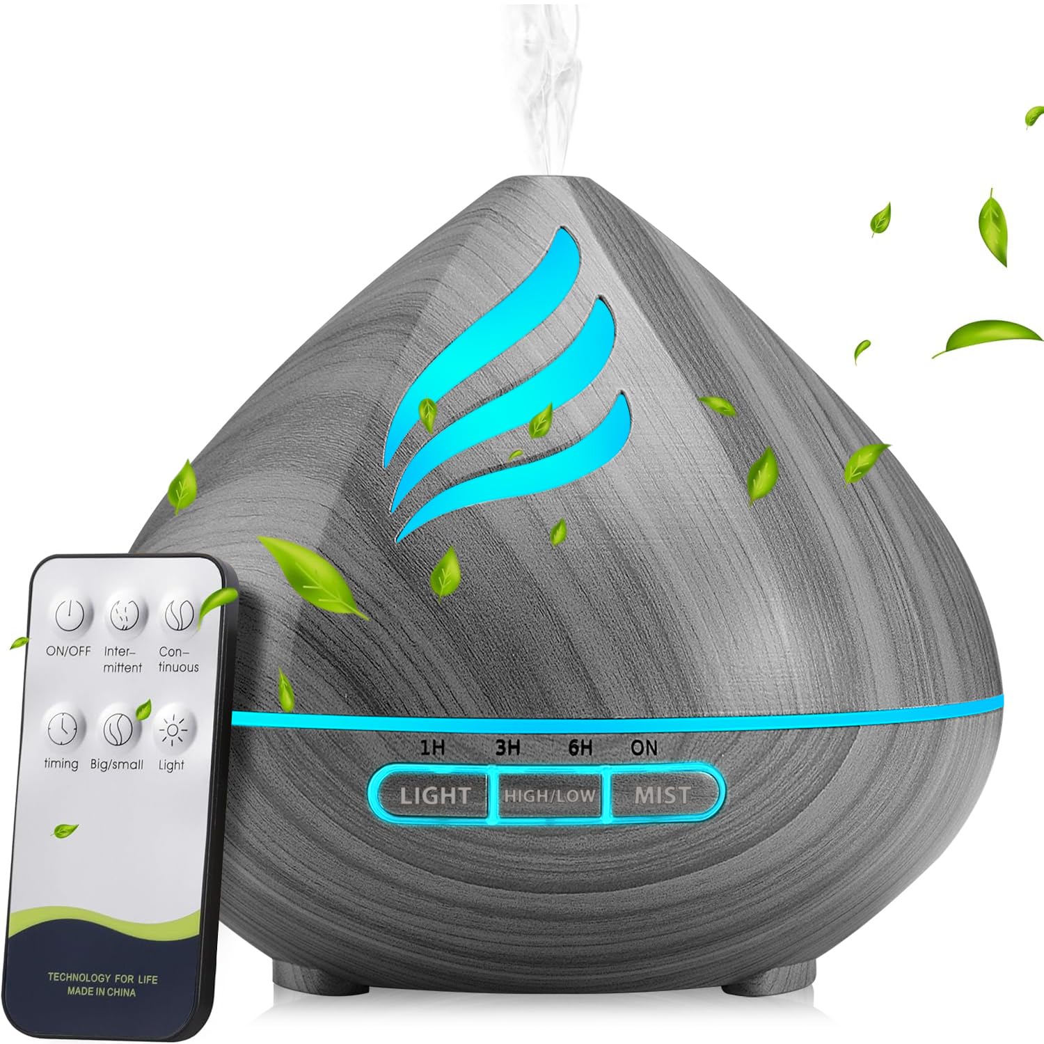 Dark grey essential oil diffuser with 500ml capacity - front view.