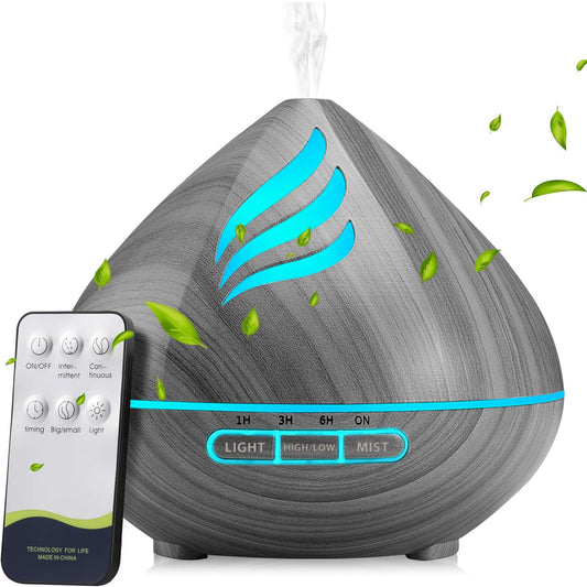 Dark grey essential oil diffuser with 500ml capacity - front view.