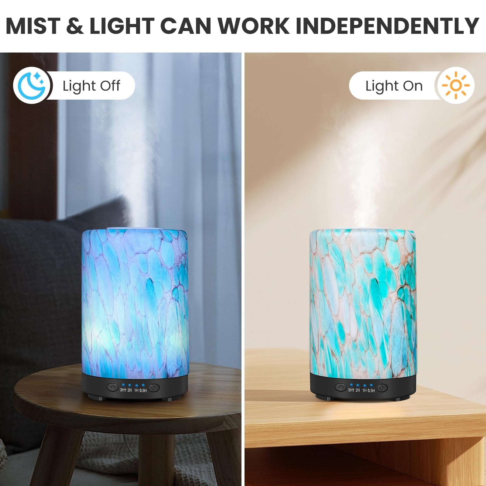 Aromatherapy diffuser with four timer settings and rotating color LED