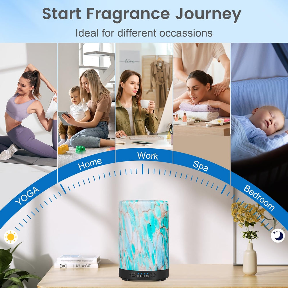 Diffuser emitting mist with blue LED glow in a calm room
