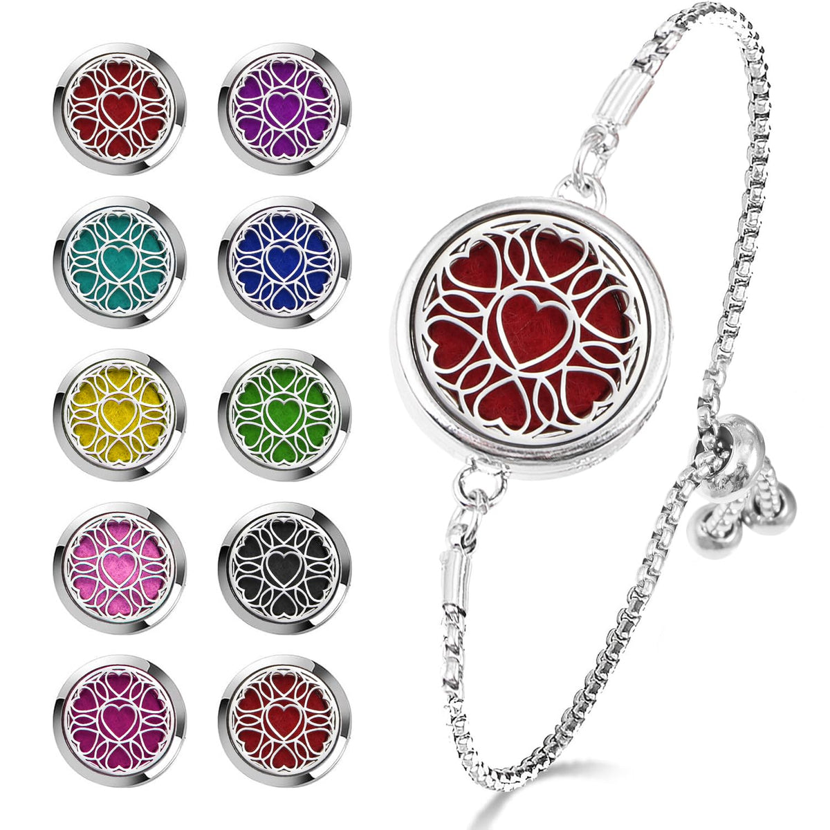 Close-up of essential oil diffuser bracelet locket in stainless steel