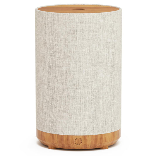 SNOWSEN 120ml essential oil diffuser with fabric cover and wood grain base.