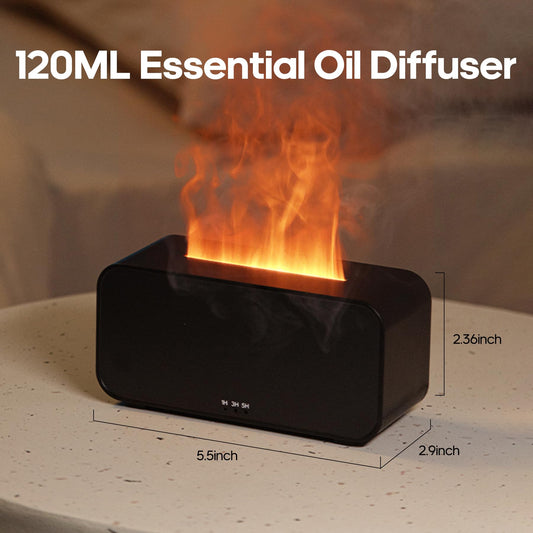 Aromatherapy essential oil diffuser emitting mist with decorative flame effect