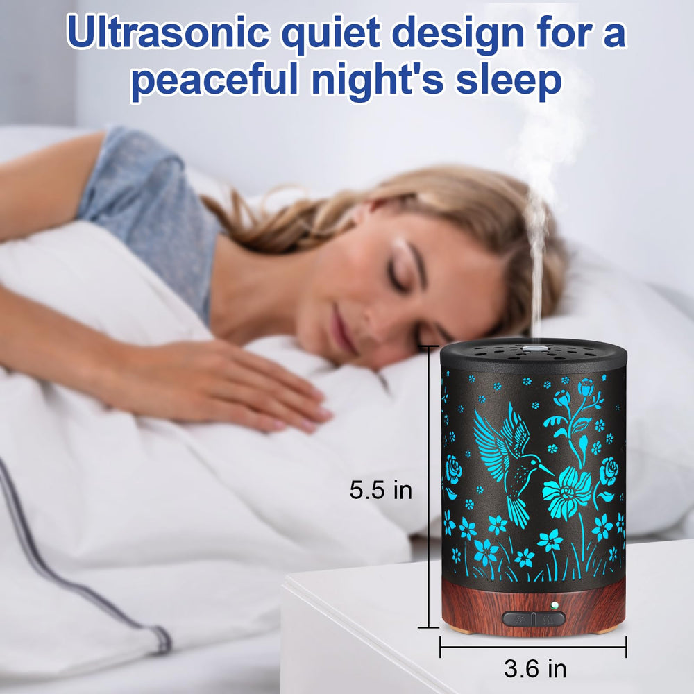 Ultrasonic diffuser emitting mist with color-changing LEDs
