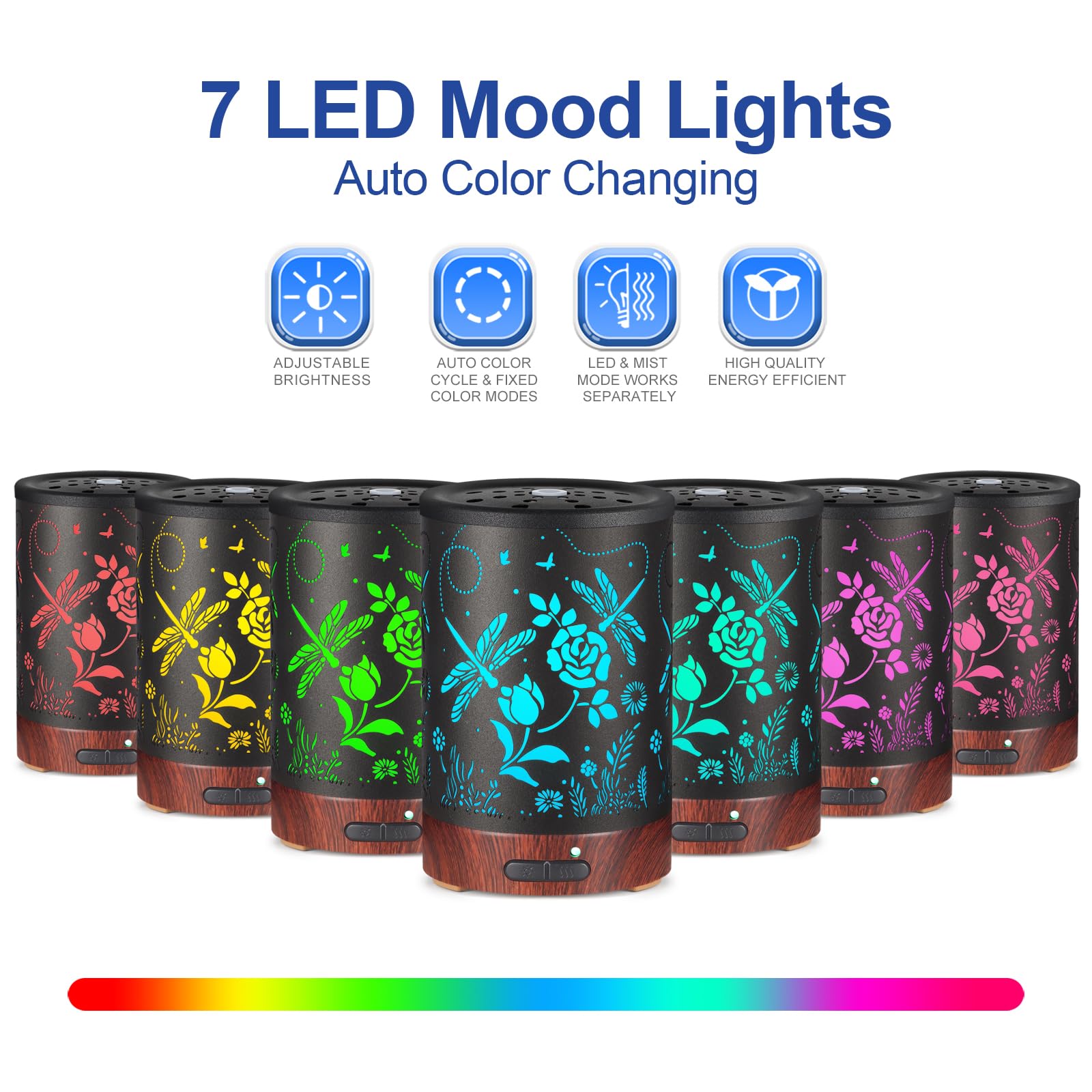 Diffuser lit with seven color LEDs on a desk.