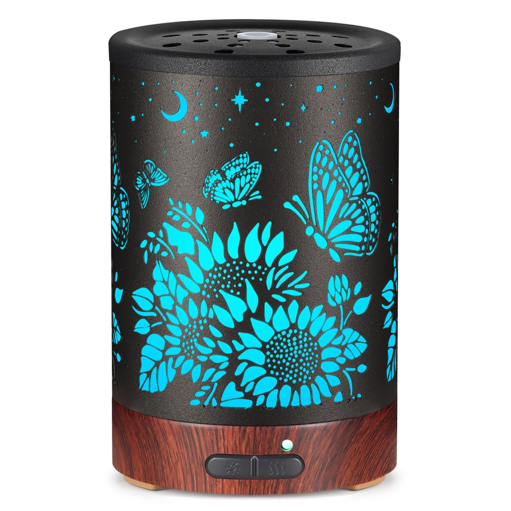 Essential oil diffuser with sunflower and butterfly motif - front view