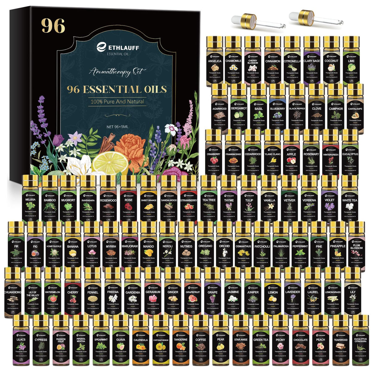 Essential Oil Set gift box opened to reveal 96 x 5ml bottles