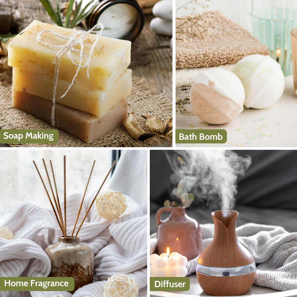 Assorted essential oil bottles showing Lemongrass, Eucalyptus, Rosemary and Tea Tree
