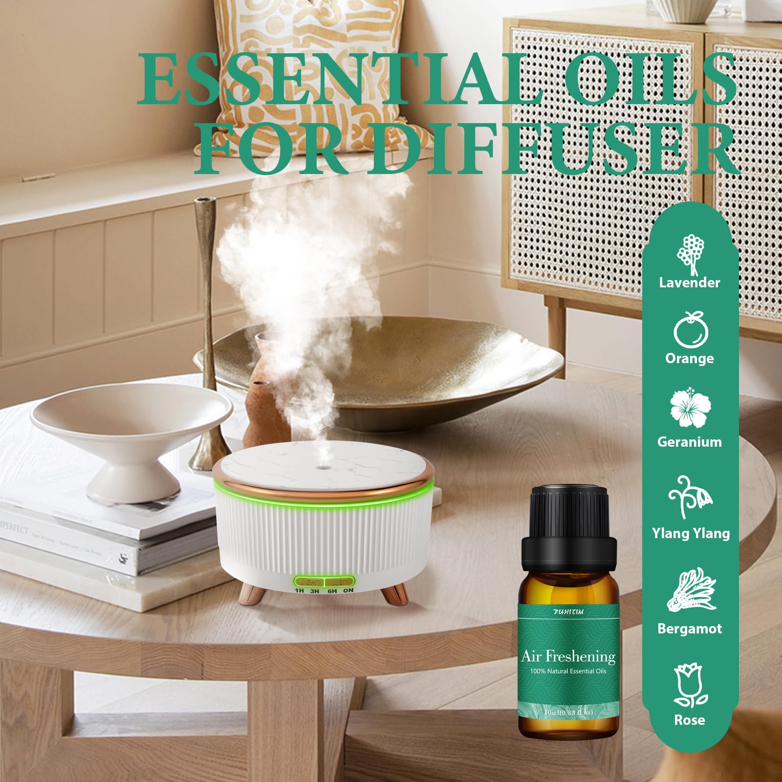 Essential oil blends for diffusers shown on white background