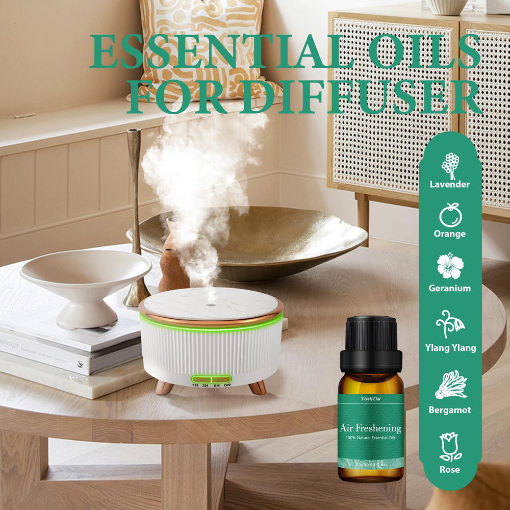 Essential oil blends for diffusers shown on white background