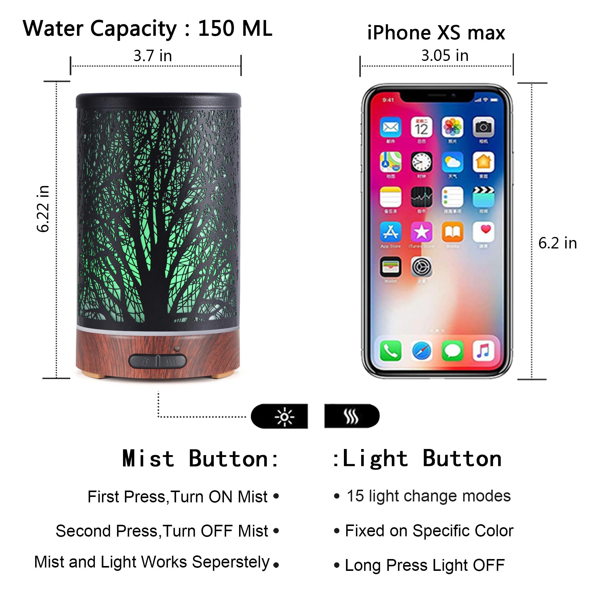 Side view of metal finish essential oils diffuser 150ml