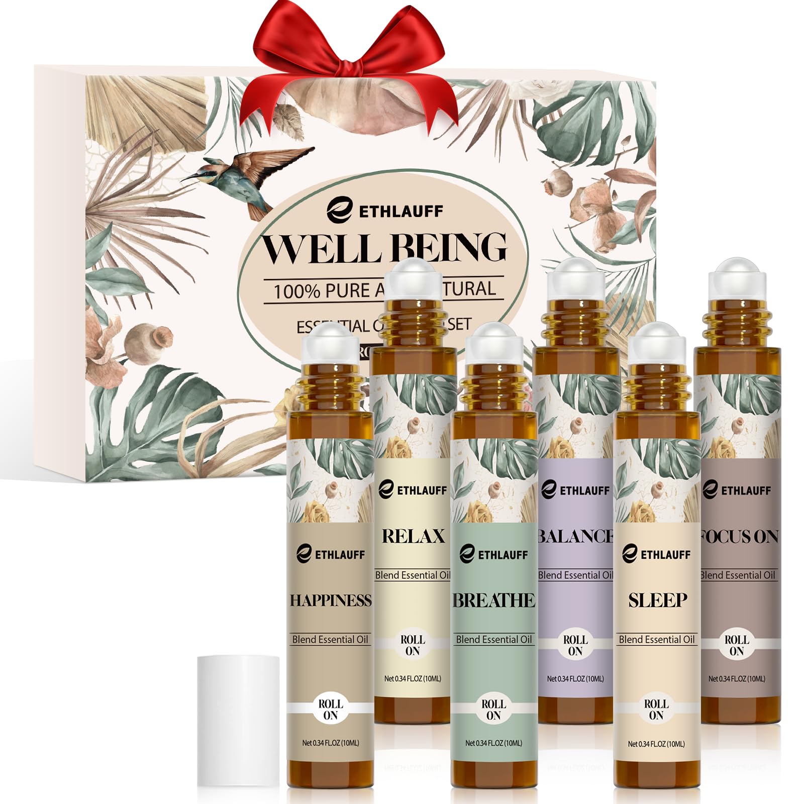 Six-pack essential oils roll-on set with six 10 ml rollerball bottles
