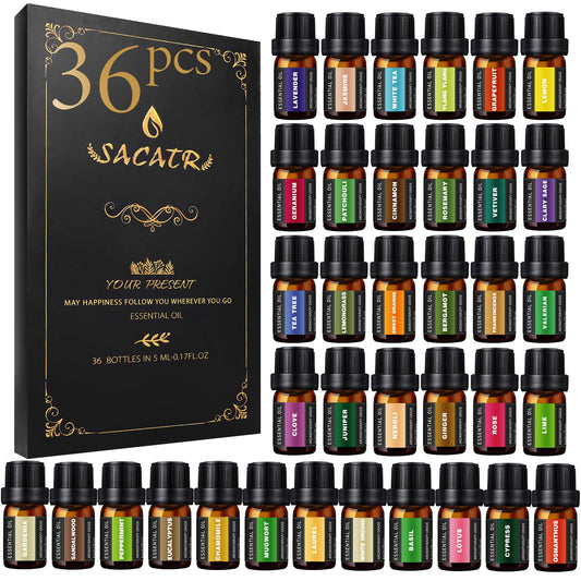 Assorted essential oils in amber bottles in a set