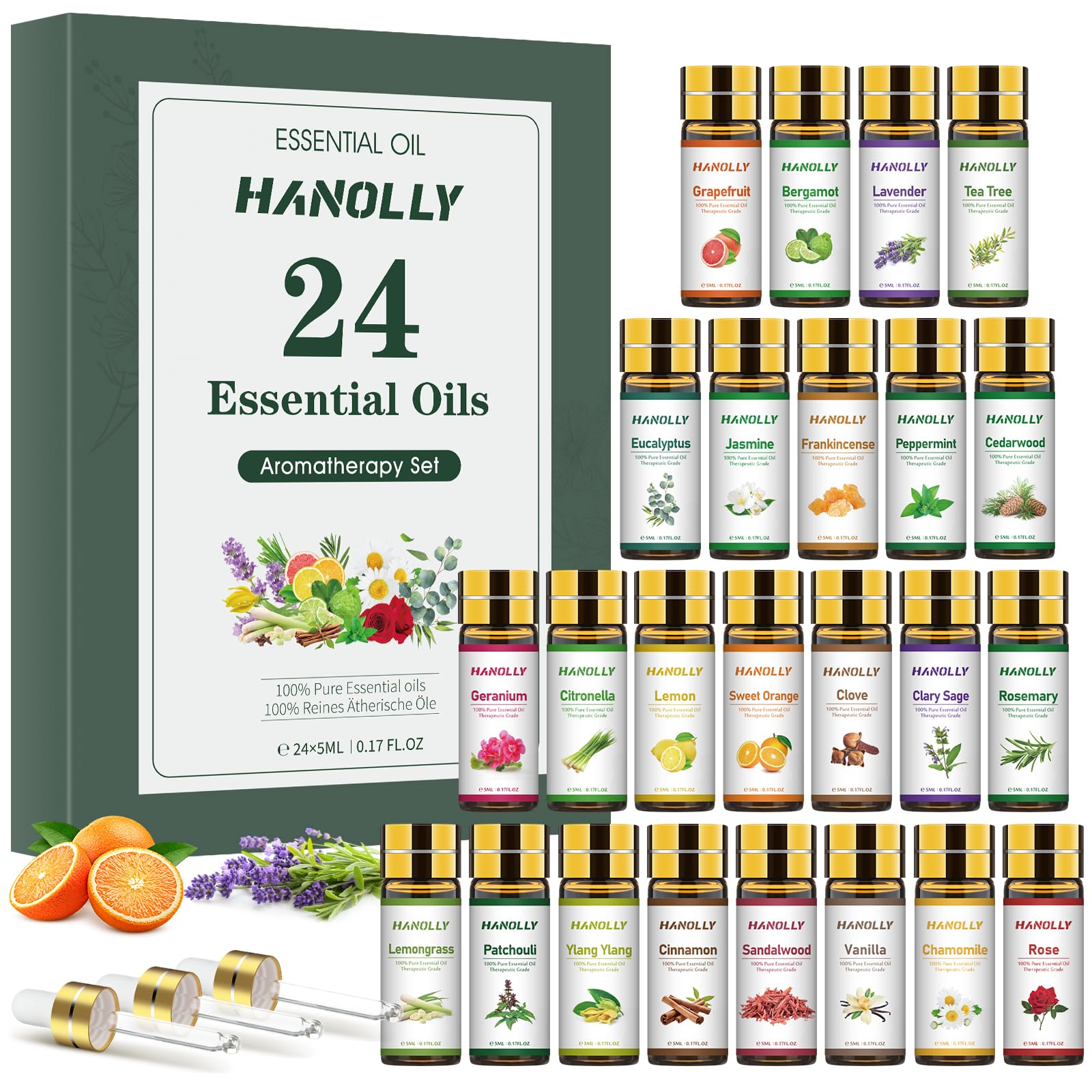 Dark amber 5ml essential oil bottles arranged in a 24-piece set