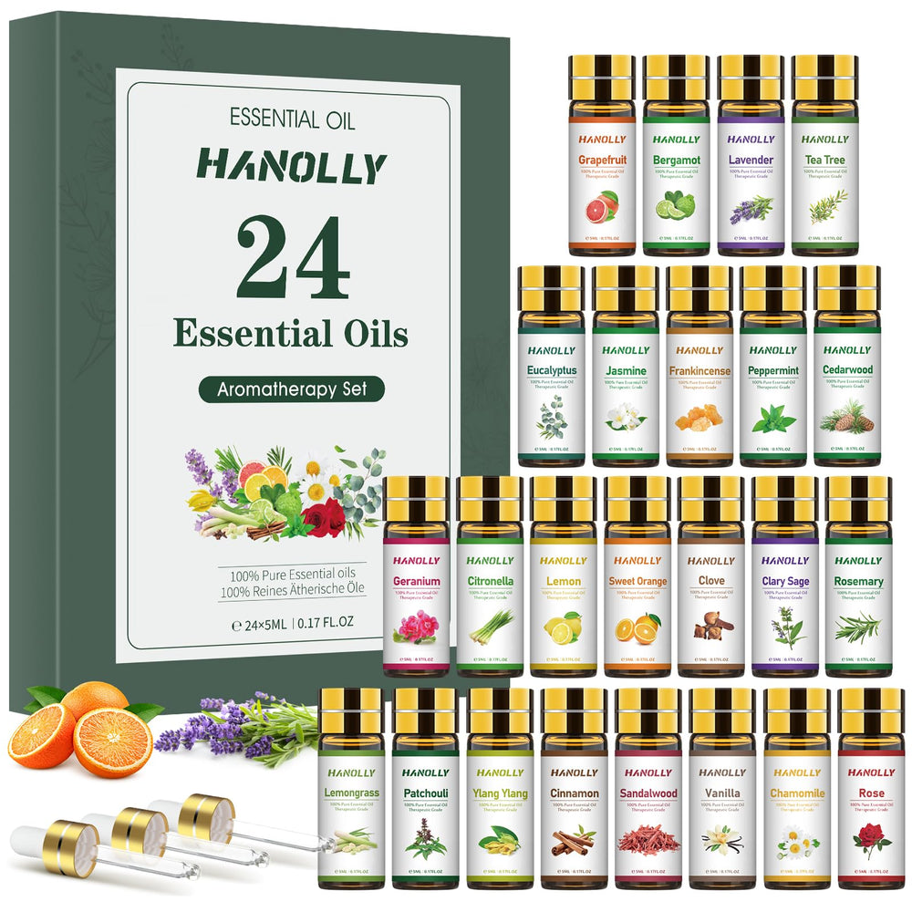 Dark amber 5ml essential oil bottles arranged in a 24-piece set