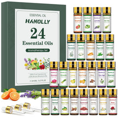 Dark amber 5ml essential oil bottles arranged in a 24-piece set