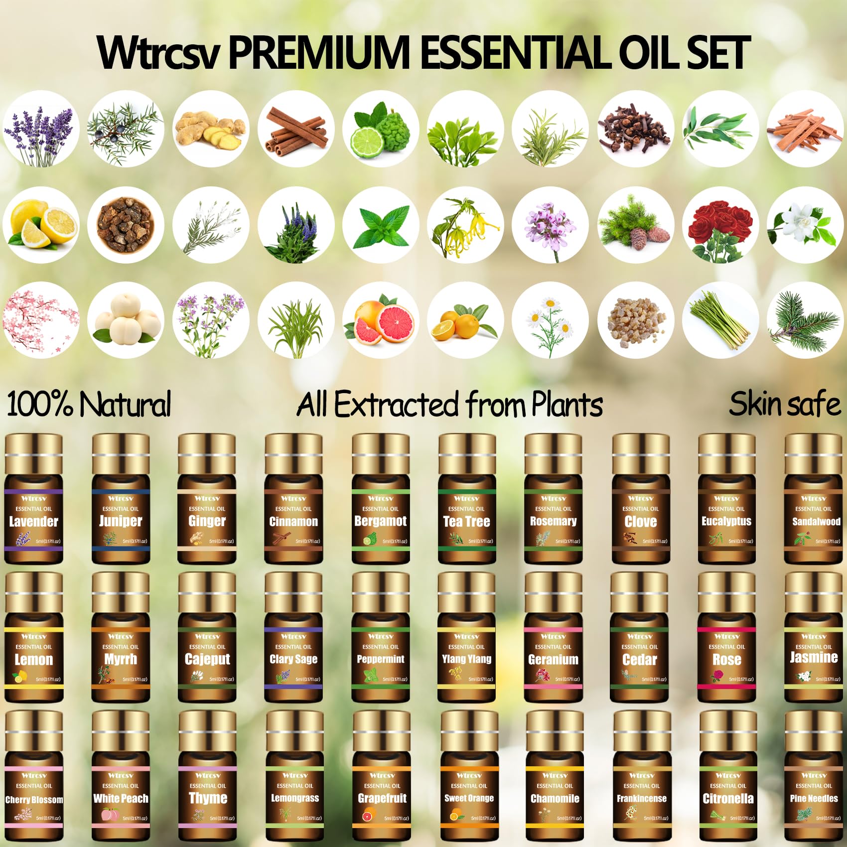 Assorted essential oil bottles with labels and dropper caps