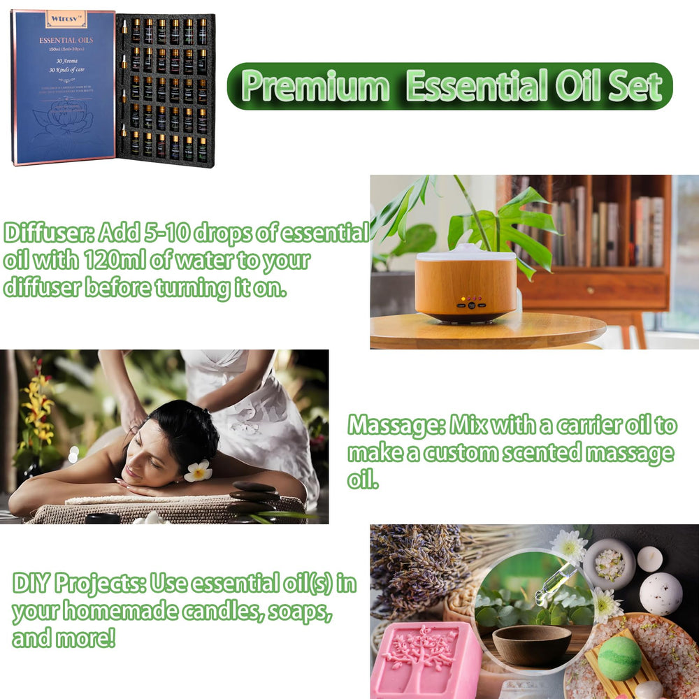 Lifestyle scene with diffuser and 30x5ml oil bottles