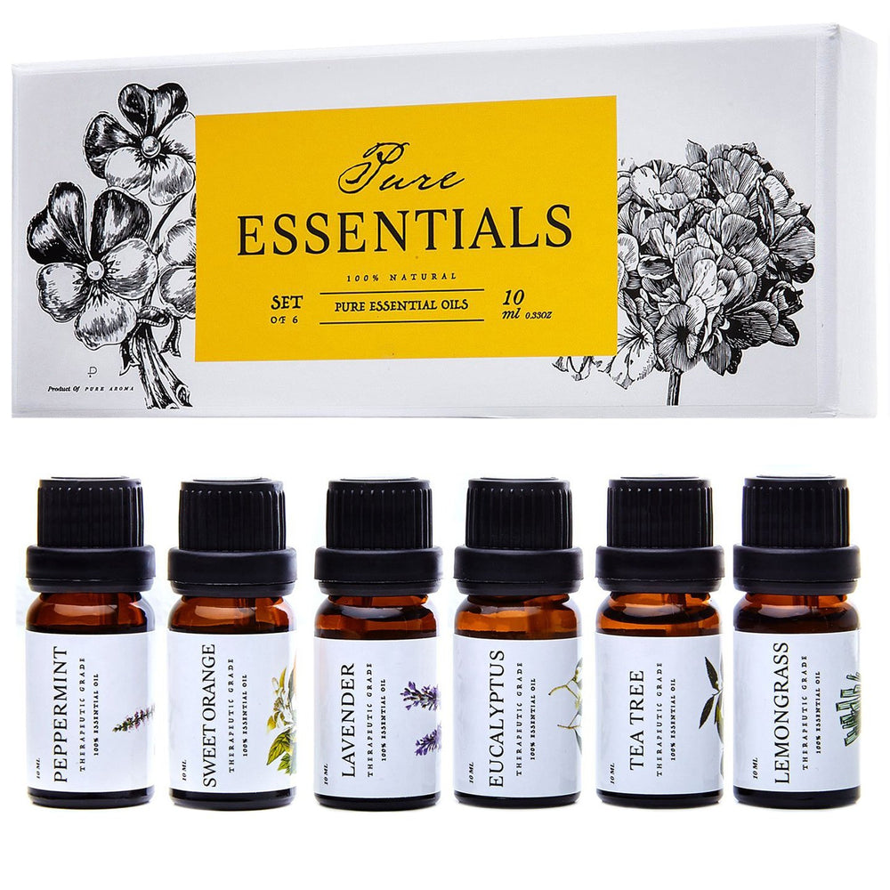 Six 10ml essential oil bottles in dark amber glass: Eucalyptus, Lavender, Lemongrass, Sweet Orange, Peppermint, Tea Tree