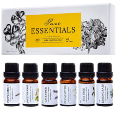 Six 10ml essential oil bottles in dark amber glass: Eucalyptus, Lavender, Lemongrass, Sweet Orange, Peppermint, Tea Tree