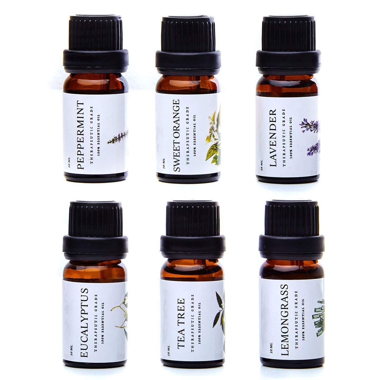 Close-up of the Pure Essentials 6-pack essential oils showing Eucalyptus, Lavender, Lemongrass, Sweet Orange, Peppermint, Tea Tree
