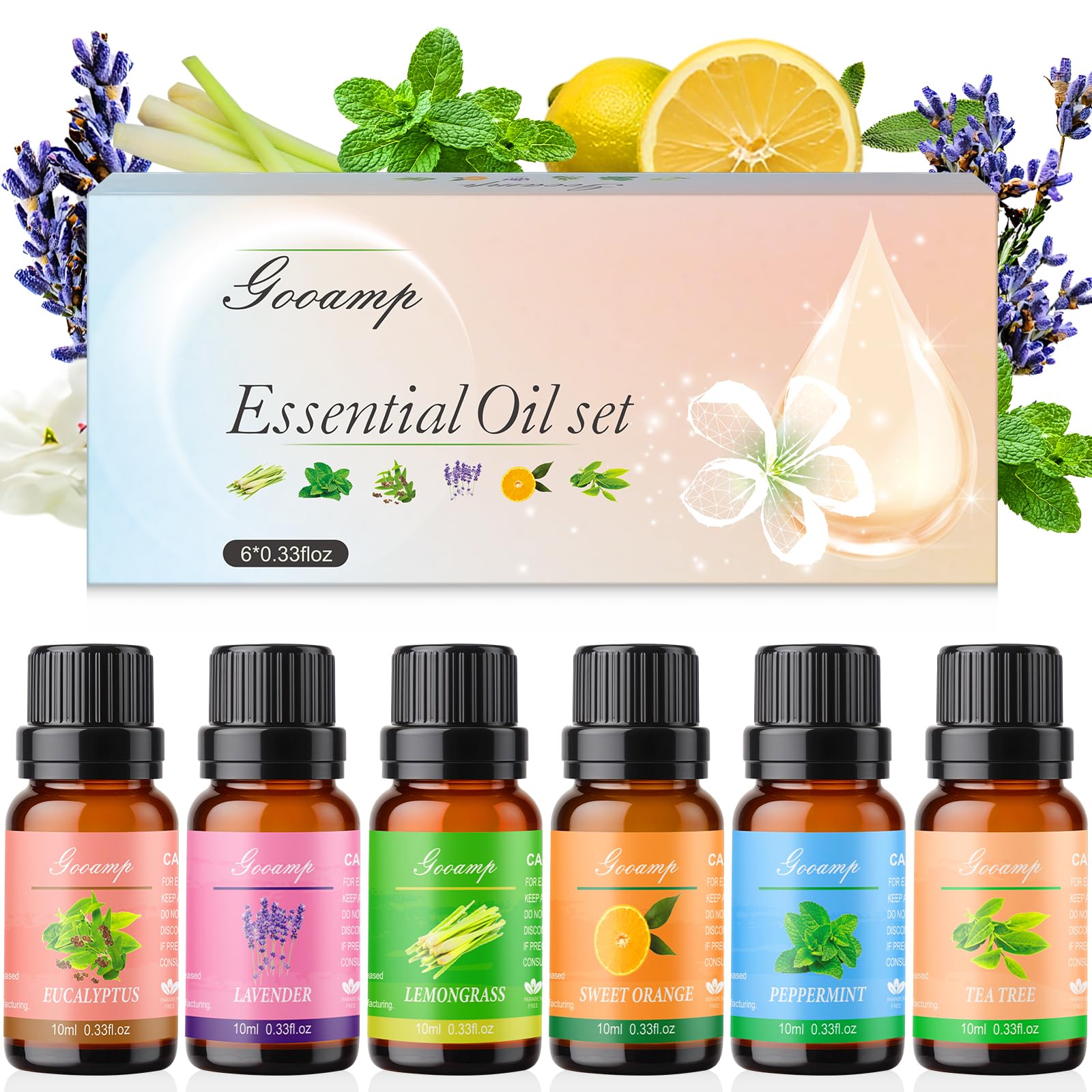Top view of Essential Oils Set Top 6 Organic Blends with Peppermint, Tea Tree, Lavender, Eucalyptus, Lemongrass and Orange