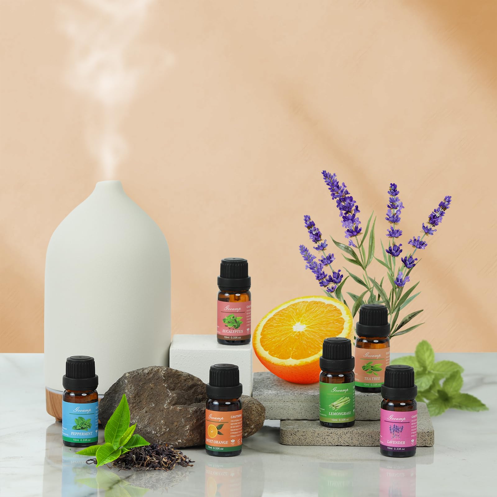 Assorted essential oil bottles from the set including Eucalyptus, Lemongrass and Orange